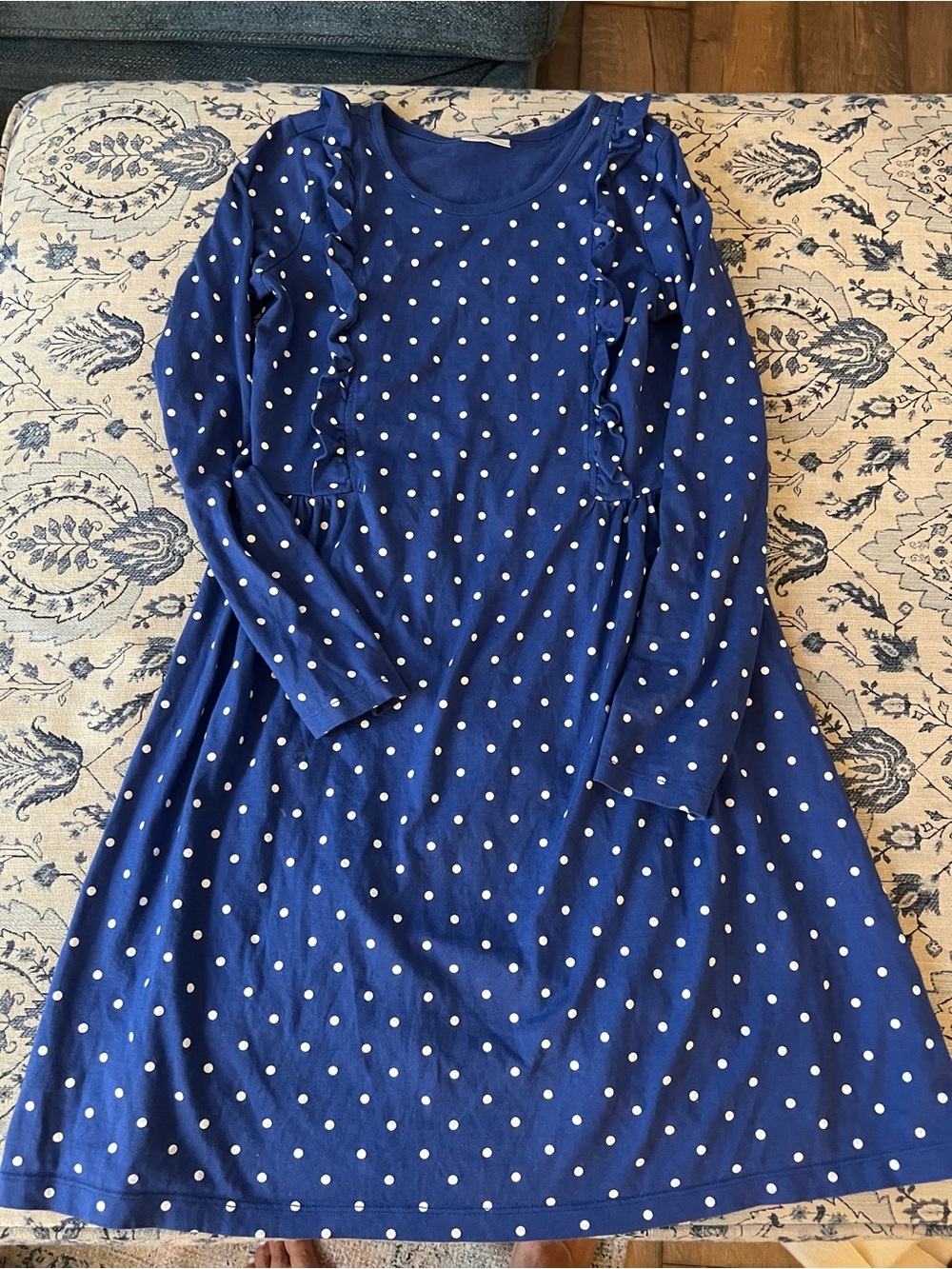Hanna Andersson girls Long-sleeve knit A-line/skater dress Navy blue/white 14/16